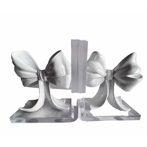 PAIR LUCITE Bookends White High Gloss Bow Modern Contemporary Feminine Designer - Picture 2 of 12